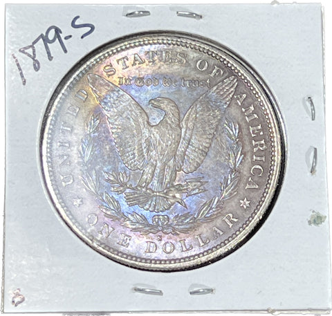 1879 S NEON Iridescent Rainbow REV & Light Purple Rim Toned OBV Morgan Silver DOLLAR BUY IT NOW!!! Click Full Details to BUY!!