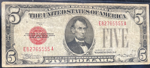 1928 C $5 Bill 'Red Seal' Federal Reserve Note  *E82765555*