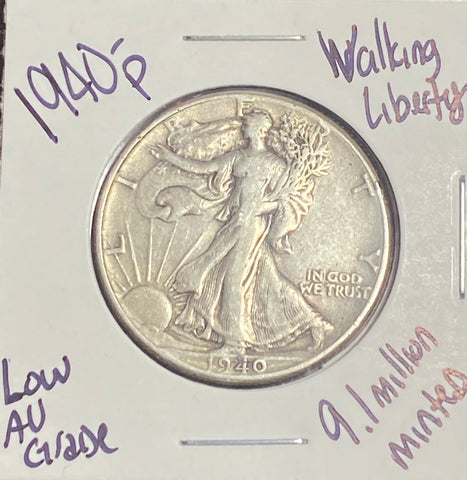 (1) 1940 P Walking LIberty Silver Half Dollar **Low AU Grade** Free Shipping