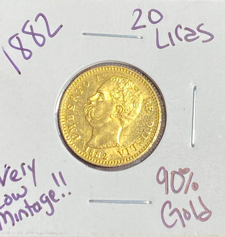 1882 RARE GOLD 20 LIRAS from Italy EXTREMELY HIGH GRADE