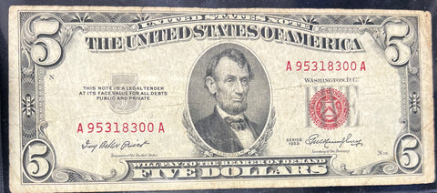 1953 $5 Bill 'Red Seal' Federal Reserve Note  *A95318300A*