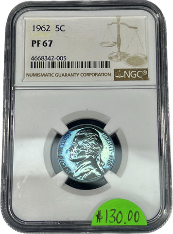 1962 Proof Jefferson Nickel **SUPER NEON TONER BLUE*** NGC Pf67 Auction!! Bid NOW!! Bidding starts @ $130!!