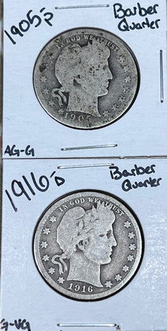 (2) BARBER Silver Quarter LOT (1) 1916 D Barber Quarter (Circulated) & (1) 1905 P Barber Quarter (Circulated) **FREE SHIPPING** Click Full Details to BID!! Bidding Starts @ $35