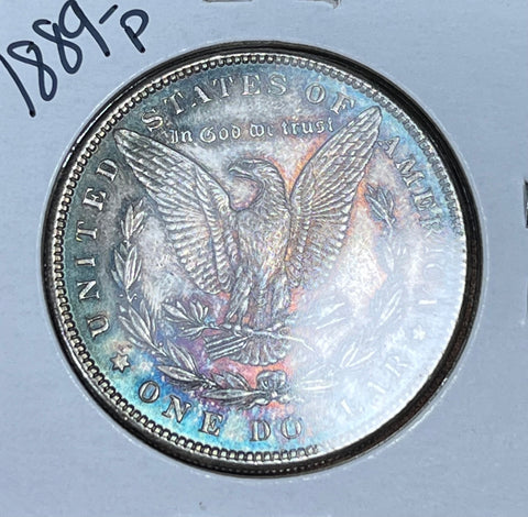 1889 P NEON RainBow/BLUE ELEVATION REV Clean OBV TONED REVERSE Morgan Silver Dollar  **Free Shipping** BUY IT Now!!!