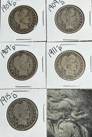 (5) BARBER QUARTER LOT G-VG SLIDER LOT DATES 1908d, 1909d, 1909p, 1911p, 1915d **Free Shipping** CLICK FULL DETAILS TO BID!!
