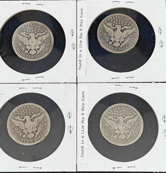(4) **BARBER QUARTERS** 90% Silver *1899p/1909p/1912p/1916d* **FREE SHIPPING** Bidding starts @ $110 CLICK FULL DETAILS TO BID!!