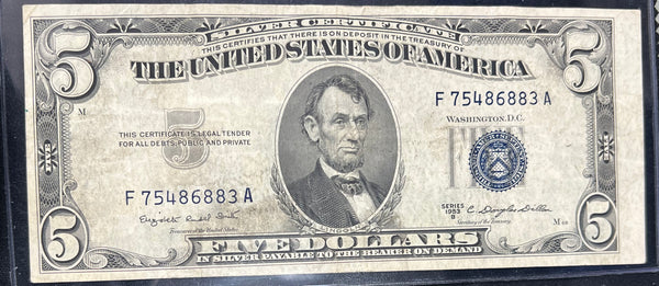 1953 B $5 'Silver Certificate' Federal Reserve Note  *F75486883A*