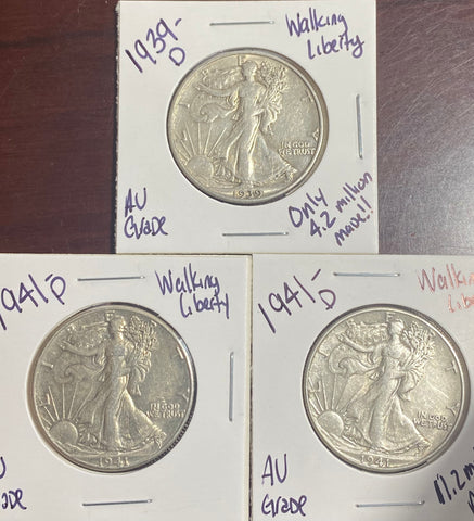 (3) Walking LIBERTY Silver Half Dollars 41-D, 41-P, & 39-D *AU GRADE*  FREE SHIPPING