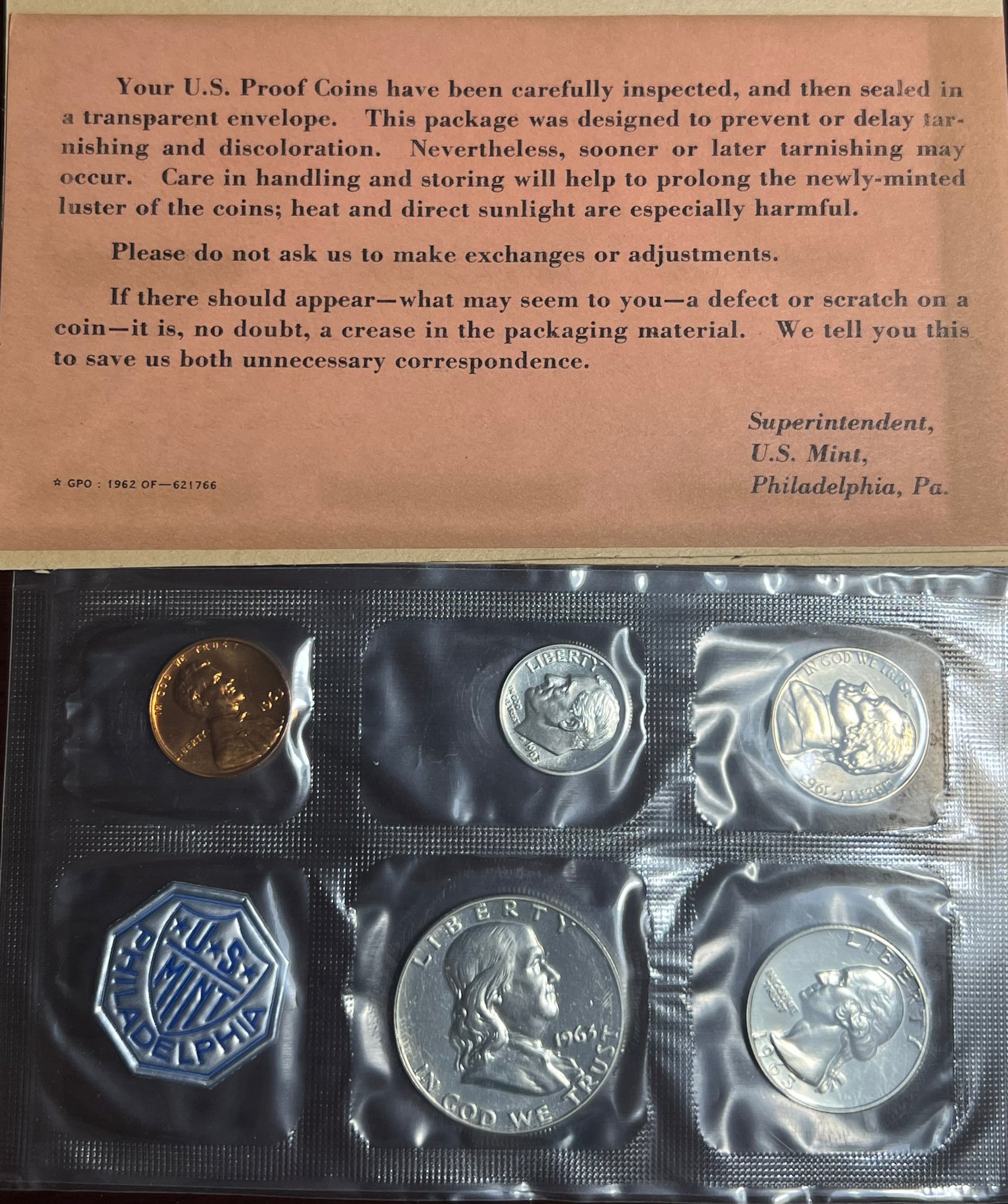 1963 P 5 Coin Proof Set in CELLO w/Benjamin Half Dollar and 90% Silver Half, Quarter and Dime *Free Shipping* **Click Here to Bid**