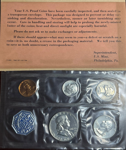 1963 P 5 Coin Proof Set in CELLO w/Benjamin Half Dollar and 90% Silver Half, Quarter and Dime *Free Shipping* **Click Here to Bid**