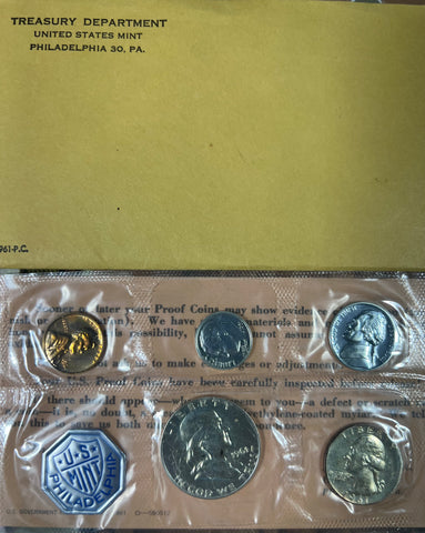 1961 P 5 Coin Proof Set in CELLO w/Benjamin Half Dollar and 90% Silver Half, Quarter and Dime *Free Shipping* **Click Here to Bid**