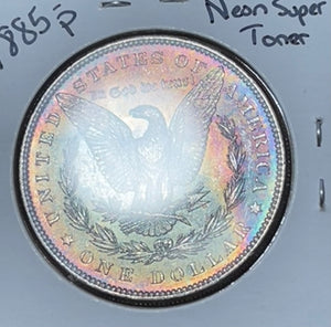 1885 P SUPER RAINBOW NEON GREEN DARK CRESCENT REV ABSOLUTE STUNNER  Morgan Silver Dollar  **Free Shipping** BUY IT Now!!!