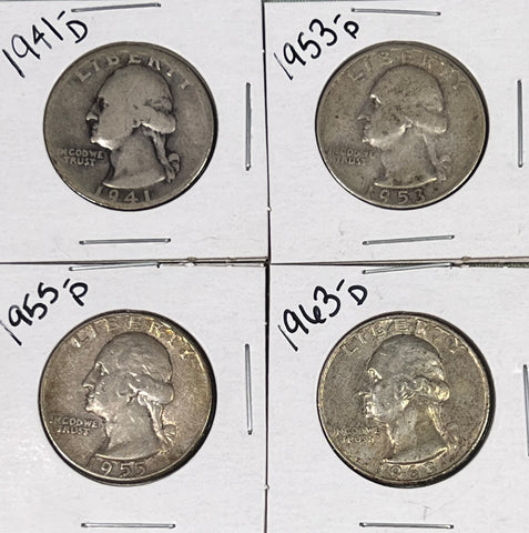 (4) 90% Silver Quarter Lot *41d/53p/55p/63d* **FREE SHIPPING** Bidding starts @ $33 CLICK FULL DETAILS TO BID!!