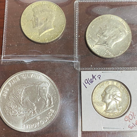 SILVER lot 1.5 OZs including 1 oz Round, (2) 1967 Halves & 1964 90% Silver Quarter!!