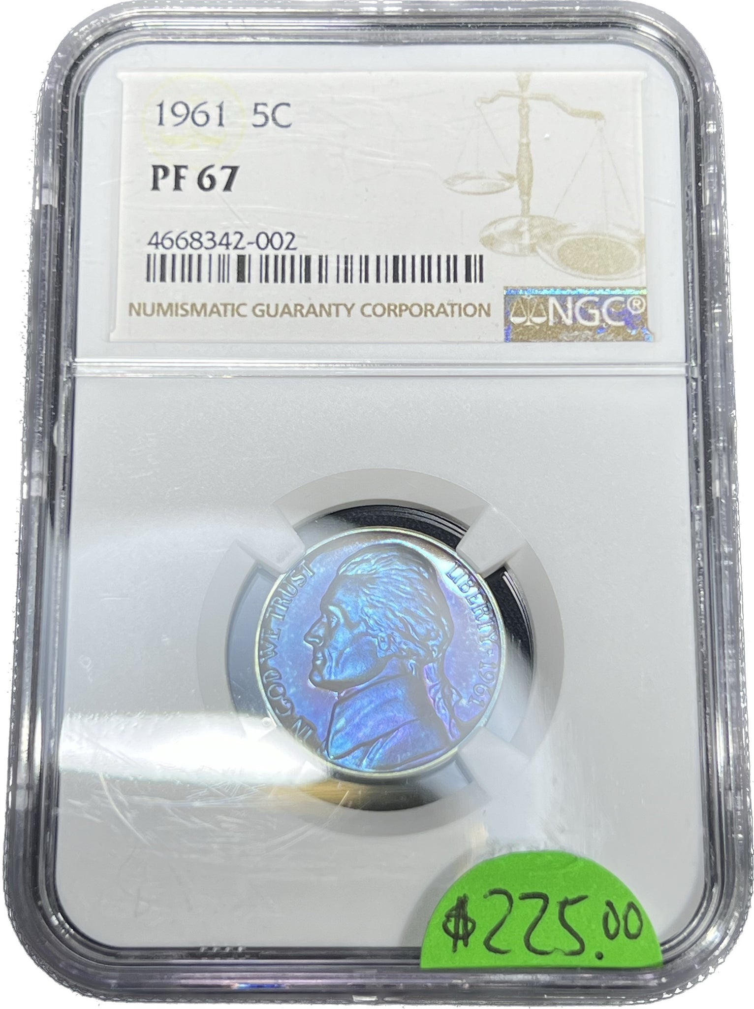 1961 Proof Jefferson Nickel **All-Over Super NEON BLUE *** NGC PF67 Auction!! Bid NOW!! Bidding starts @ $225!!