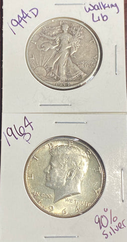 (2) 90% Half DOLLAR LOT (1) 1944 D Walking Liberty & (1) 1964 p 90% Silver Kennedy ***CLICK FULL DETAILS TO BID****