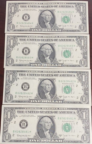 4 - 1968b (New York) Barr Notes $1 Uncirculated Gem Sequential Bills VINTAGE