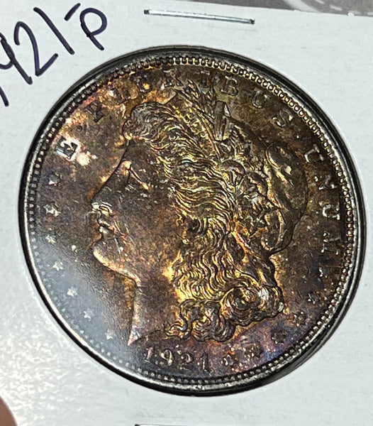 1921 P NEON ORANGE/PURPLE OBVERSE Patterned Toned REVERSE Morgan Dollar **FREE SHIPPING** Click here to BUY IT NOW!!!