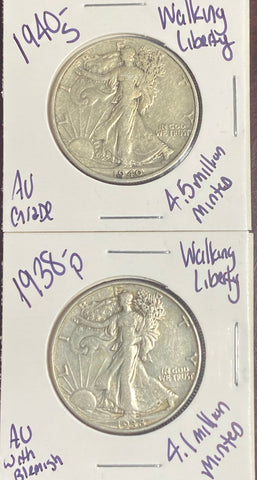 (2) Walking LIBERTY Silver Half Dollars (1) 1940 S & (1) 1938 P Both AU CONDITION LOW MINTAGE **FREE SHIPPING**