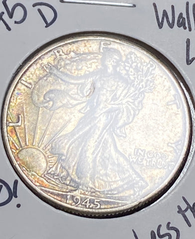 1945 D Walking Liberty *TONED* AU GRADE Half Dollar  **Free Shipping** Click Full Details to BID!!
