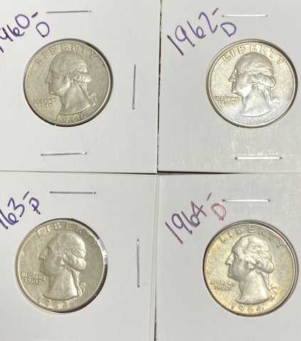 (4) 90% Quarter LOT *1960d, 1962d, 1963p, 1964d* **FREE SHIPPING** Click MORE DETAILS to BID!!