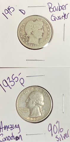 (2) Silver Quarter LOT (1) 1915 D Barber Quarter (Circulated) & (1) 1935 P Quarter (Circulated) **FREE SHIPPING** BUY it NOW!!