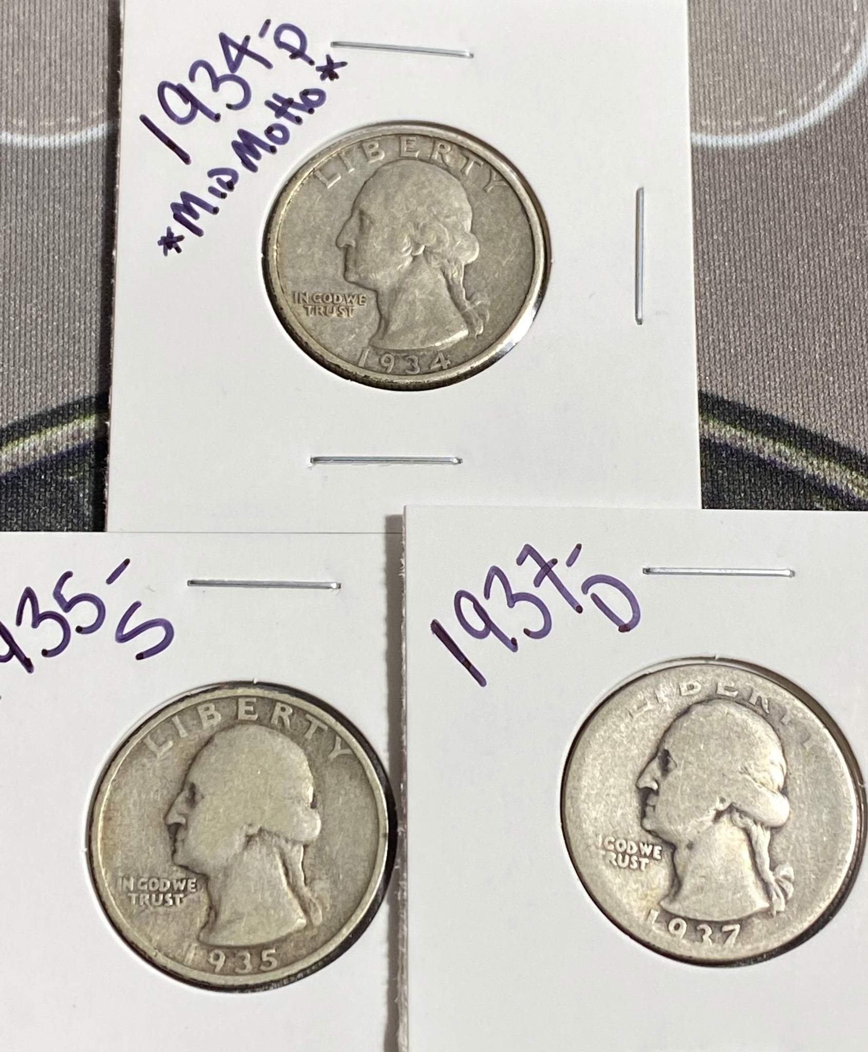(3) 90% SILVER Quarter Lot (1934p, 1935s, 1937d) G-VF Condition **Free Shipping** CLICK FULL DETAILS TO BID!!