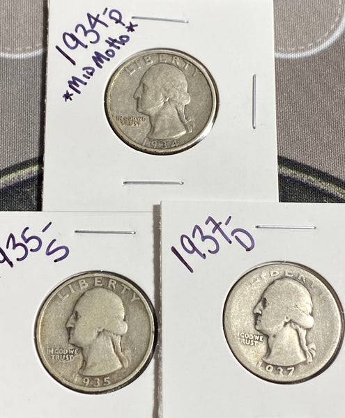 (3) 90% SILVER Quarter Lot (1934p, 1935s, 1937d) G-VF Condition **Free Shipping** CLICK FULL DETAILS TO BID!!
