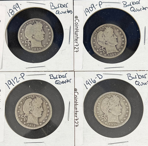 (4) **BARBER QUARTERS** 90% Silver *1899p/1909p/1912p/1916d* **FREE SHIPPING** Bidding starts @ $110 CLICK FULL DETAILS TO BID!!