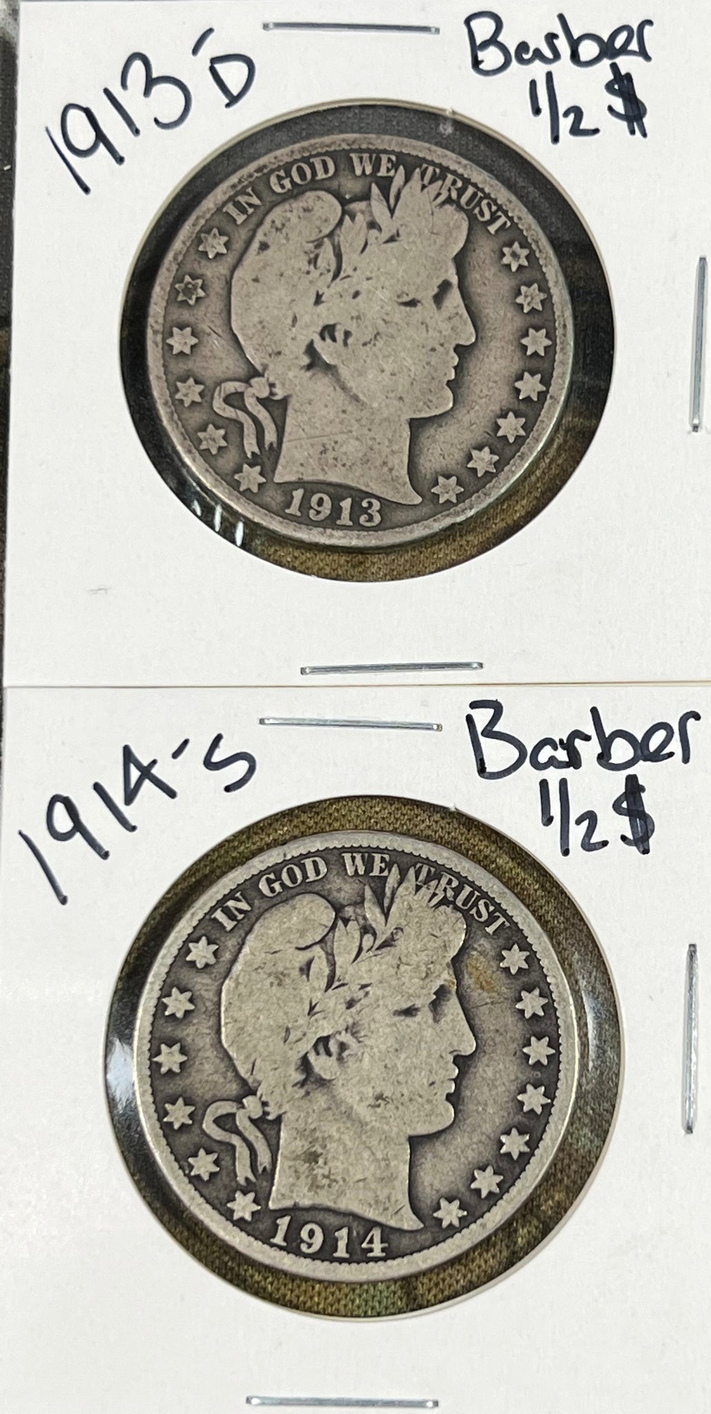 (2) BARBER Half Dollar LOT 1913 D  & 1914 S Barber Half Dollar *G-VG Slider* **Free Shipping** CLICK HERE TO Bid!!!