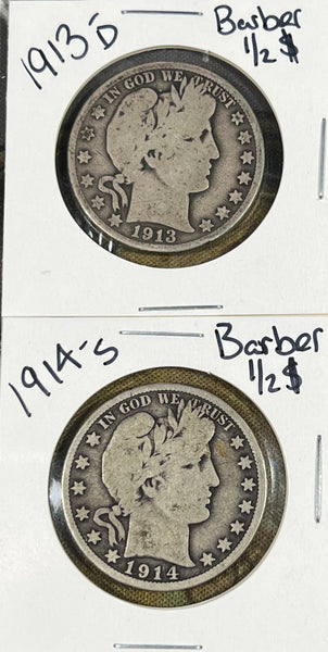 (2) BARBER Half Dollar LOT 1913 D  & 1914 S Barber Half Dollar *G-VG Slider* **Free Shipping** CLICK HERE TO Bid!!!