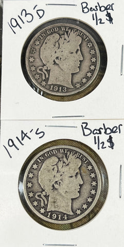 (2) BARBER Half Dollar LOT 1913 D  & 1914 S Barber Half Dollar *G-VG Slider* **Free Shipping** CLICK HERE TO Bid!!!