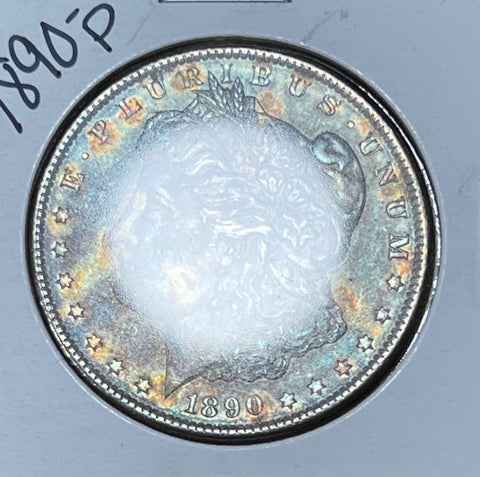 1890 P "MEASLES TONED" Yellow/BLUE PATTERNED OBV GOLDEN TONED REV  TONED Morgan Silver DOLLAR **FREE SHIPPING** Click here to BUY IT NOW!!