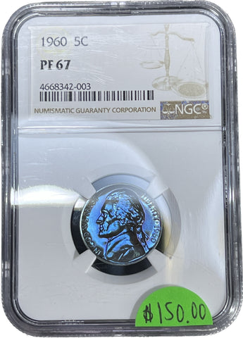 1960 Proof Jefferson Nickel **SUPER NEON TONER BRIGHT BLUE OBV/SUPER PINK REV*** NGC Pf67 Auction!! Bid NOW!! Bidding starts @ $150!!