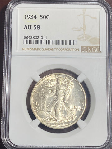 1934 P AU58 NGC GRADED Walking Liberty Half DOLLAR!! ** FREE SHIPPING**