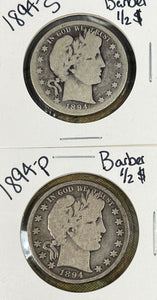(2) BARBER Half Dollar LOT 1894 P  & 1894 S Barber Half Dollar *G-VG Slider* **Free Shipping** CLICK HERE TO Bid!!!