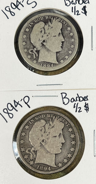 (2) BARBER Half Dollar LOT 1894 P  & 1894 S Barber Half Dollar *G-VG Slider* **Free Shipping** CLICK HERE TO Bid!!!