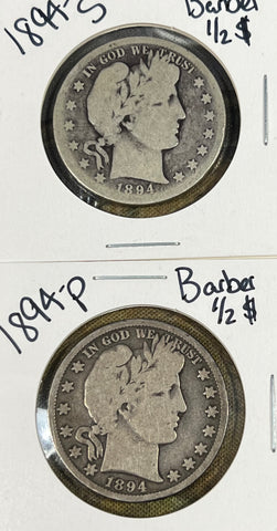 (2) BARBER Half Dollar LOT 1894 P  & 1894 S Barber Half Dollar *G-VG Slider* **Free Shipping** CLICK HERE TO Bid!!!