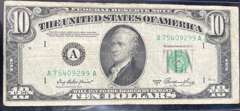 1950 A $10 Bill Boston Printed "Lime Green" Federal Reserve Note  *A75409299A*