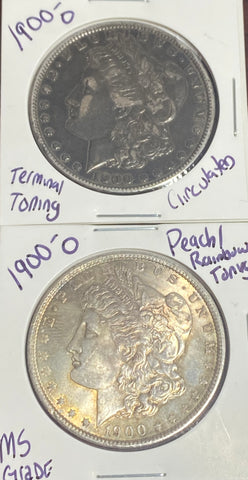 (2) MORGAN LOT (1) 1900 O PEACH/RAINBOW TONED & (1) 1900 O Very Dark Circulated Morgan SILVER Dollars  **FREE SHIPPING** CLICK FULL DETAILS TO BID!!