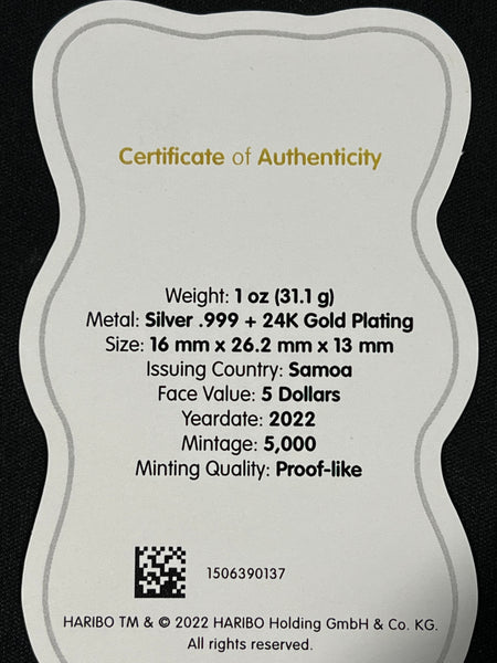 2022 1 Oz SILVER "GoldBears" Haribo 100th Anniversary (24K Gold Plated) Samoa Minted Collectible *Free Shipping* ^^CURRENT BID @ $195^^ **Ends Thursday July 14th!!**