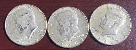 (3) 1968 40% Silver Kennedy Half Dollar *Circulated*