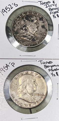 (2) FRANKLIN Half Dollar LOT 1952 S  & 1954 P Franklin Half Dollar **Toned & Low Mintage* **Free Shipping** CLICK HERE TO Bid!! Bid Starts @ $34