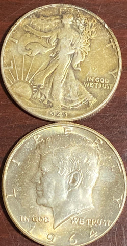 (2) TONED HALF Dollars (1) 1941 P Walking Lib & (1) 1964 Kennedy BOTH VERY TONED!!  **FREE SHIPPING** CLICK FULL DETAILS TO BID!!