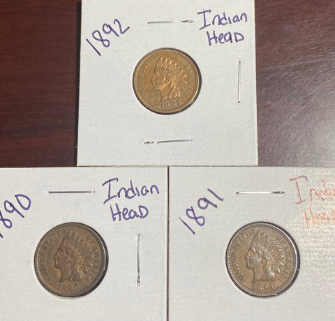 (3) INDIAN Penny LOT AU OR BETTER Condition 1890, 1891, & 1892  **Free Shipping** CLICK FULL DETAILS TO BID!!