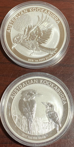 (2) Australian Kookaburra 1 oz Rounds. 2017 & 2018 MINT CONDITION Hard To get **FREE SHIPPING** BUY it NOW!!