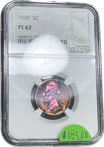 1959 Proof Jefferson Nickel **SUPER NEON TONER BRIGHT PINK OBV/SUPER ORANGE REV*** NGC Pf67 Auction!! Bid NOW!! Bidding starts @ $185!!