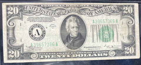 1934 B $20 Bill Boston Printed "Lime Green" Federal Reserve Note  *A39657366A*