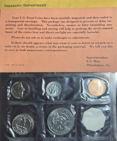 1964 P 5 Coin Proof Set in CELLO w/Kennedy Half Dollar and 90% Silver Half, Quarter and Dime *Free Shipping* **Bidding STARTS @$35**