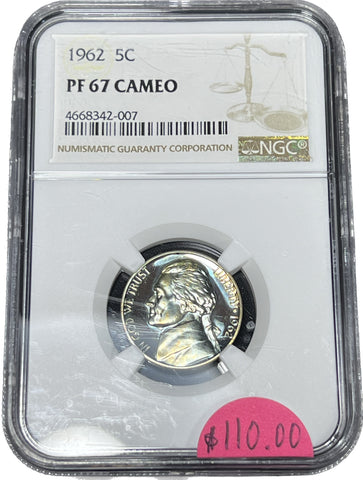 1962 Proof Jefferson Nickel **Cameo Blue/Yellow Obv & Super Blue REV *** NGC PF67 *Cameo* Auction!! Bid NOW!! Bidding starts @ $110!!